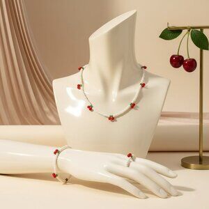 IVORY OFF WHITE 3 PIECE BEAD CHERRY DECOR RING NECKLACE & BRACELET JEWELRY SET